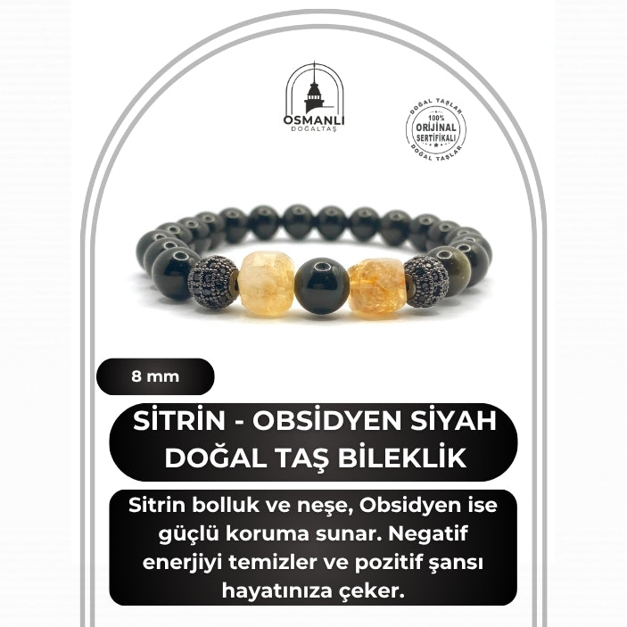 Orijinal Hakiki Sertifikalı Sitrin - Obsidyen Siyah Zirkon Doğal Taş Bileklik 8mm