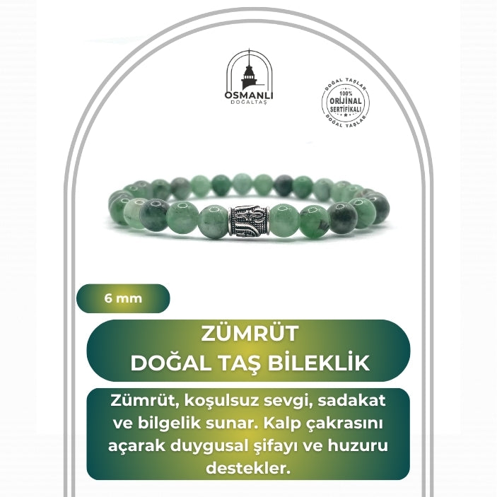 Hakiki Doğal Sertifikalı Zümrüt Doğal Taş Gümüş Aparatlı Misinalı Bileklik 6mm