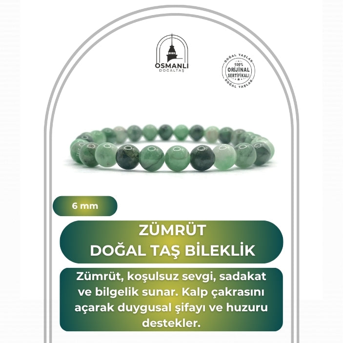 Hakiki Doğal Sertifikalı Zümrüt Doğal Taş Misinalı Bileklik 6mm