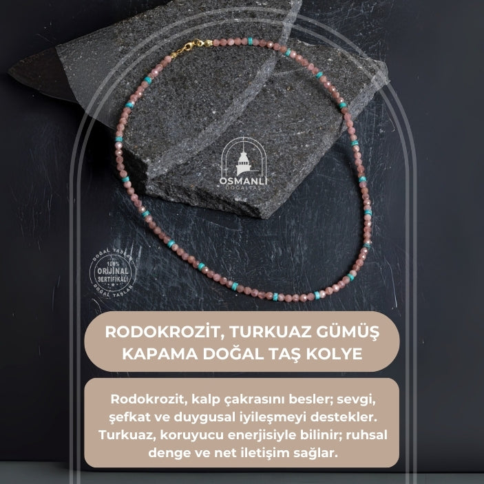 Sertifikalı Rodokrozit, Turkuaz Gümüş Kapama Doğal Taş Kolye