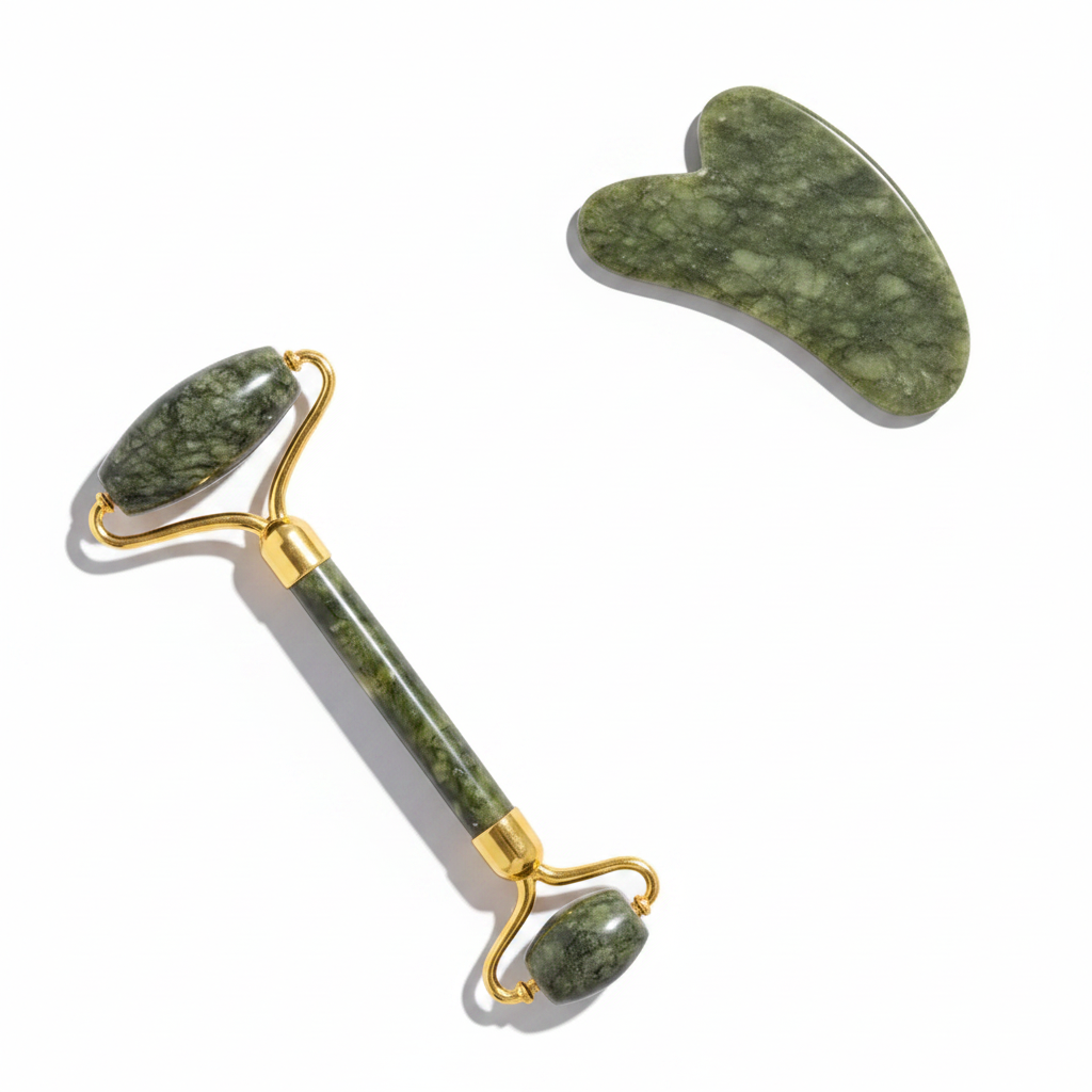Yeşim Taşı Masaj Takımı - Roller ve Gua Sha Kapli Set - beyaz fon