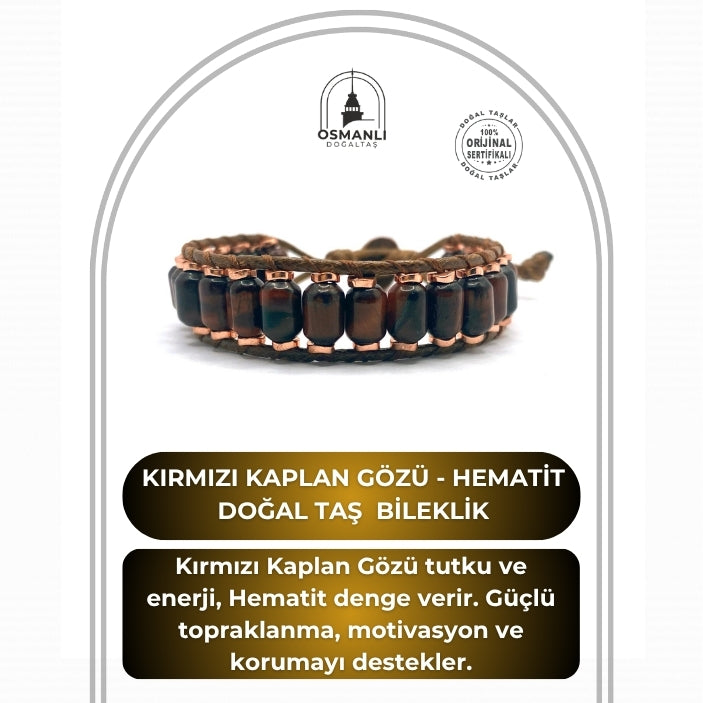 Hakiki Doğal Sertifikalı Özel Kesim Kırmızı Kaplan Gözü - Hematit Doğal Taş İpli bileklik