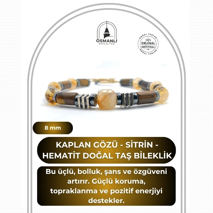 Hakiki Doğal Özel Kesim Kaplan Gözü - 8mm Sitrin - Hematit Doğal Taş İpli Ayarlanabilir Bileklik