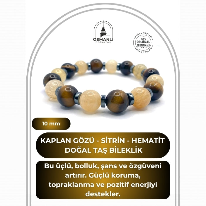 Hakiki Doğal Sertifikalı Kaplan Gözü - Sitrin - Hematit 10mm Doğal Taş Bileklik