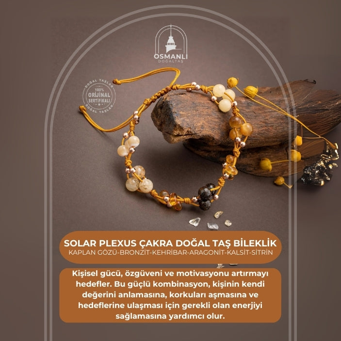 Solar Plexus Çakra Doğal Taş Bileklik - Kaplan Gözü-Bronzit-Kehribar-Aragonit-Kalsit-Sitrin