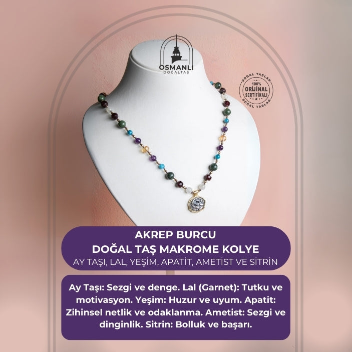 Sertifikalı Akrep Burcu Doğal Taş Makrome Kolye