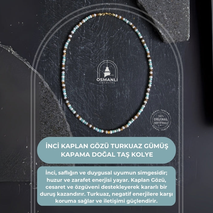 Sertifikalı İnci Kaplan Gözü Turkuaz Gümüş Kapama Doğal Taş Kolye