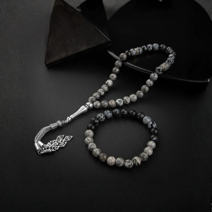 Gri Jasper-Karlı Obsidyen Doğal Taş Tesbih Bileklik Seti