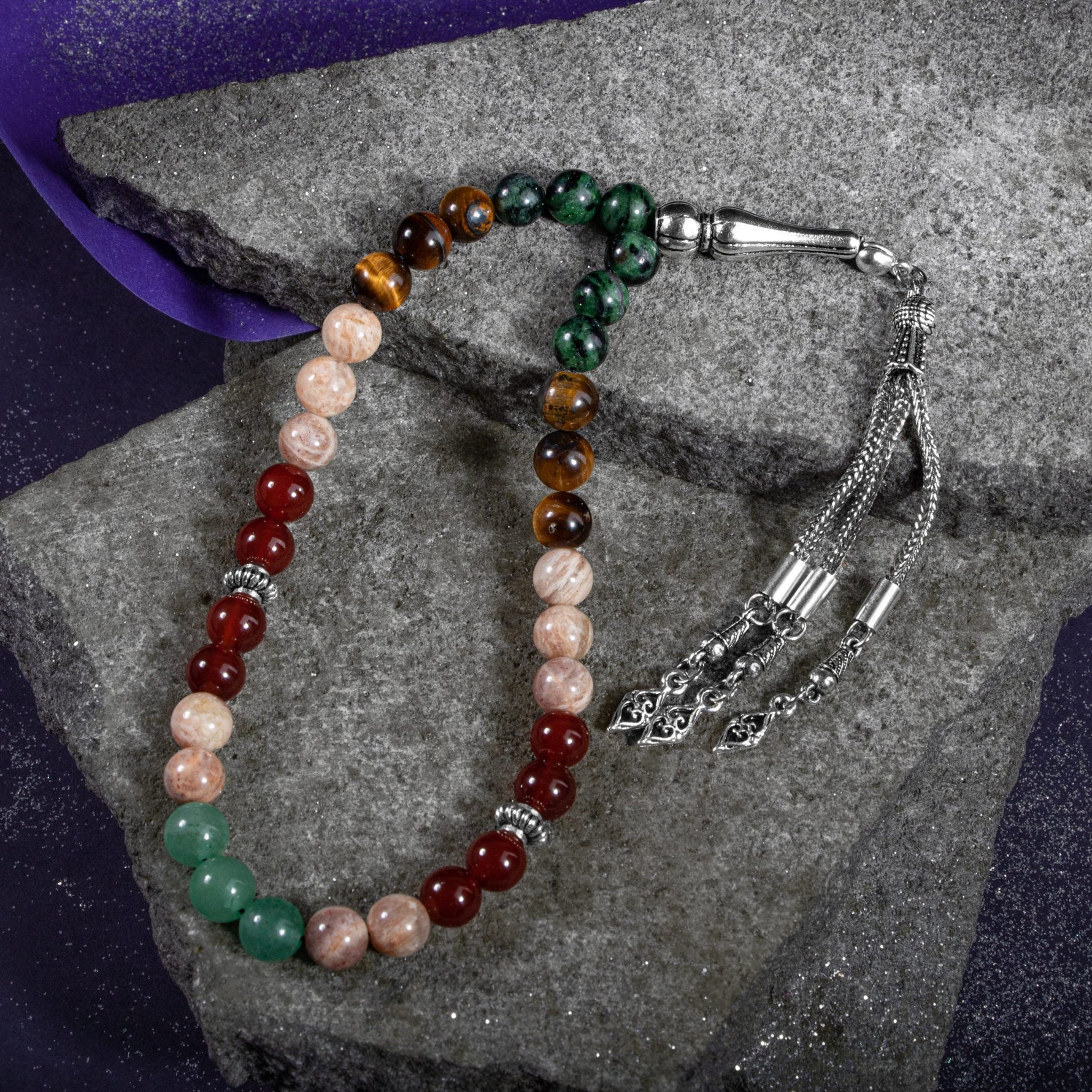 İkizler Burcu Tesbih Anyolit, Güneş Taşı, Kaplan Gözü, Kırmızı Akik, Yeşil Aventurin