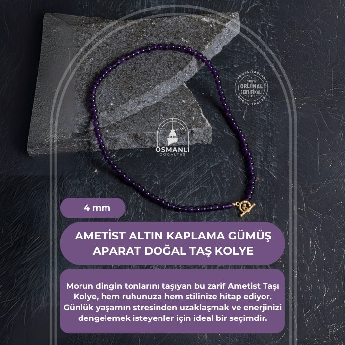 Sertifikalı Ametist Altın Kaplama Gümüş Aparat Doğal Taş Kolye