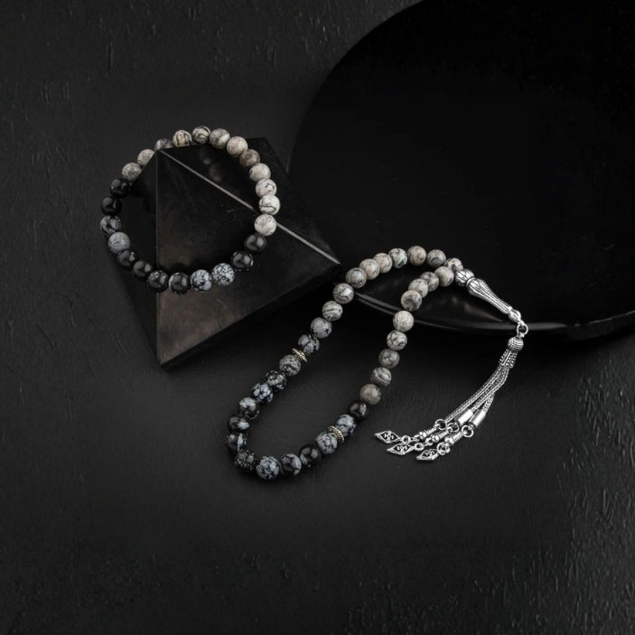 Gri Jasper-Karlı Obsidyen Doğal Taş Tesbih Bileklik Seti