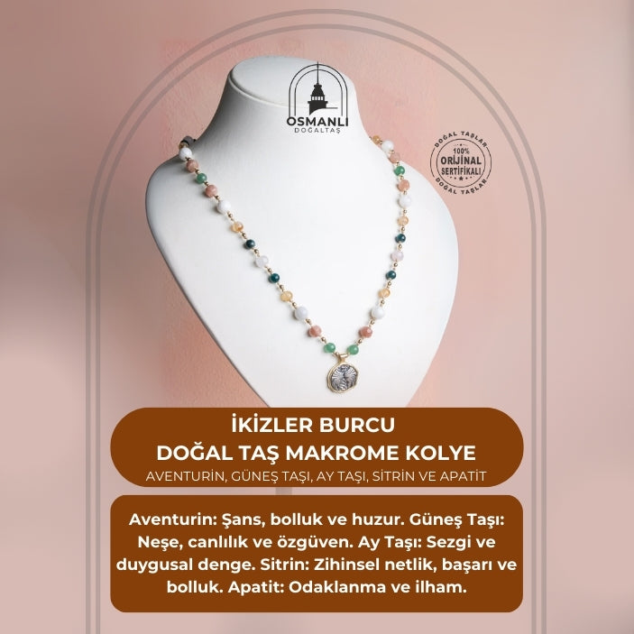 Sertifikalı İkizler Burcu Doğal Taş Makrome Kolye