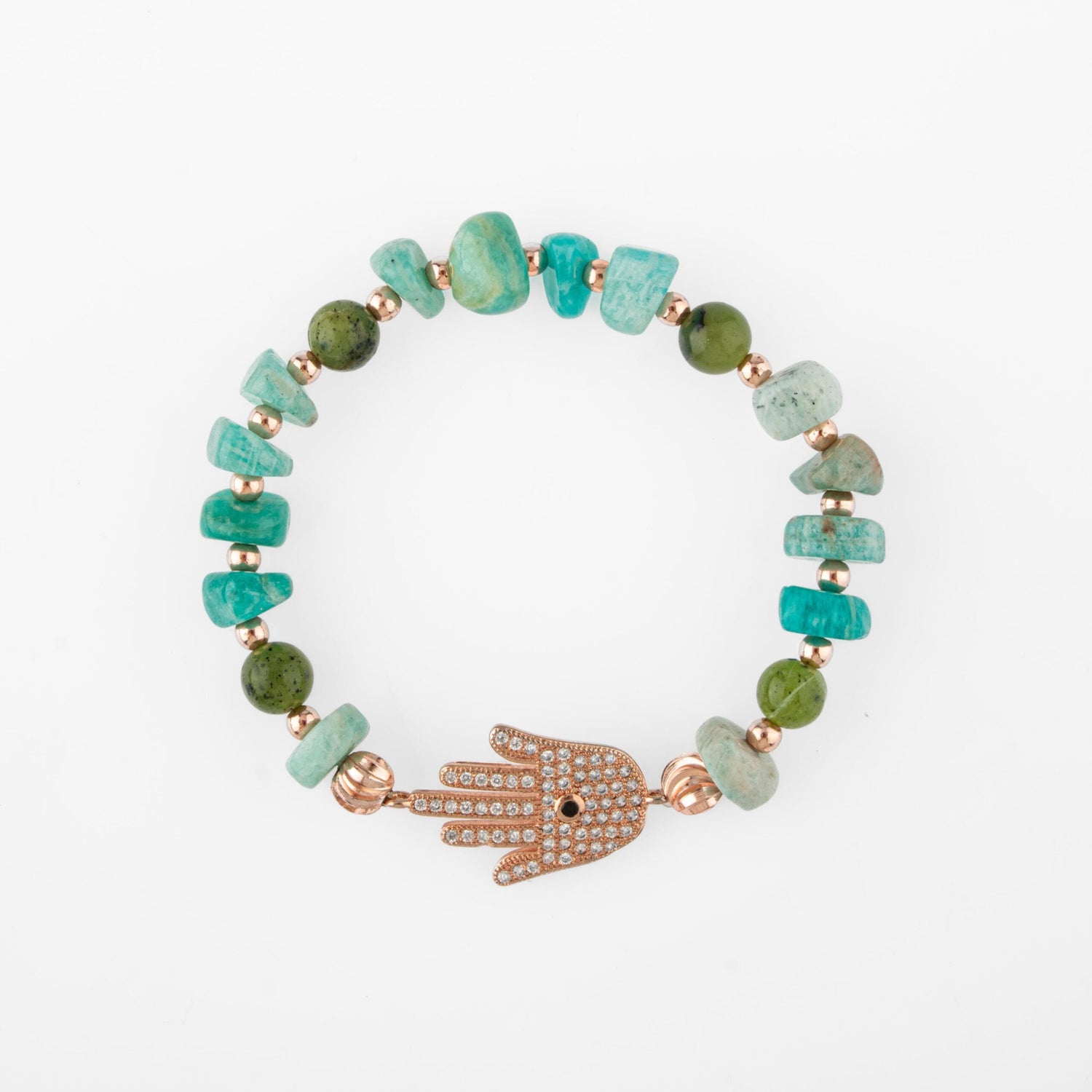 Amazonit-Yeşim Doğal Taş Hamsa Fatıma Eli Altın Kaplama Bileklik