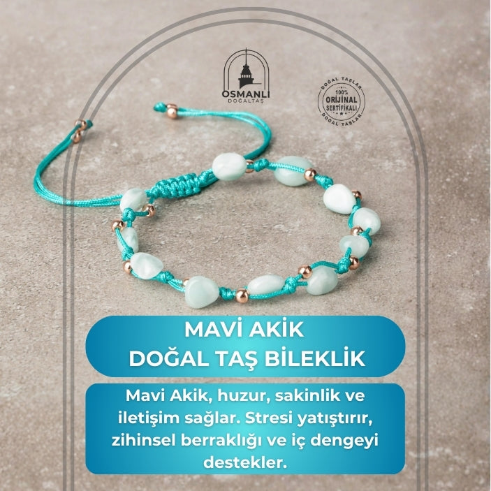 Mavi Akik Natürel Kesim Doğal Taş Makrome Bileklik