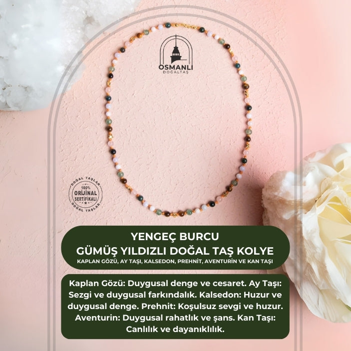 Sertifikalı Yengeç Burcu Gümüş Yıldızlı Doğal Taş Kolye