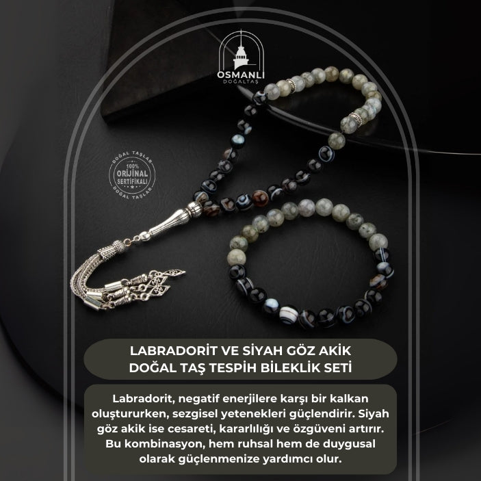 Labradorit-Siyah Göz Akik Doğal Taş Tesbih Bileklik Seti