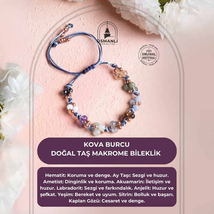 Sertifikalı Doğal Taş Makrome Bileklik-Kova Burcu