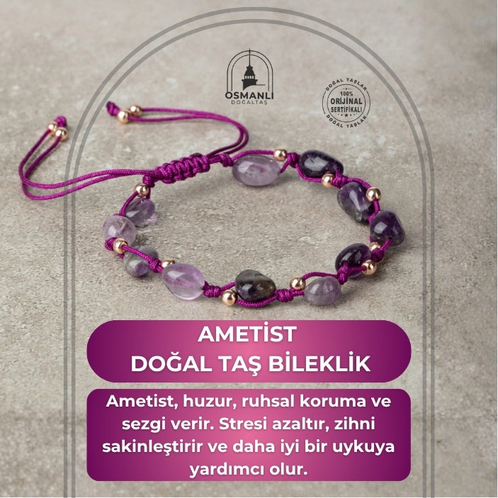 Ametist Natürel Kesim Doğal Taş Makrome Bileklik