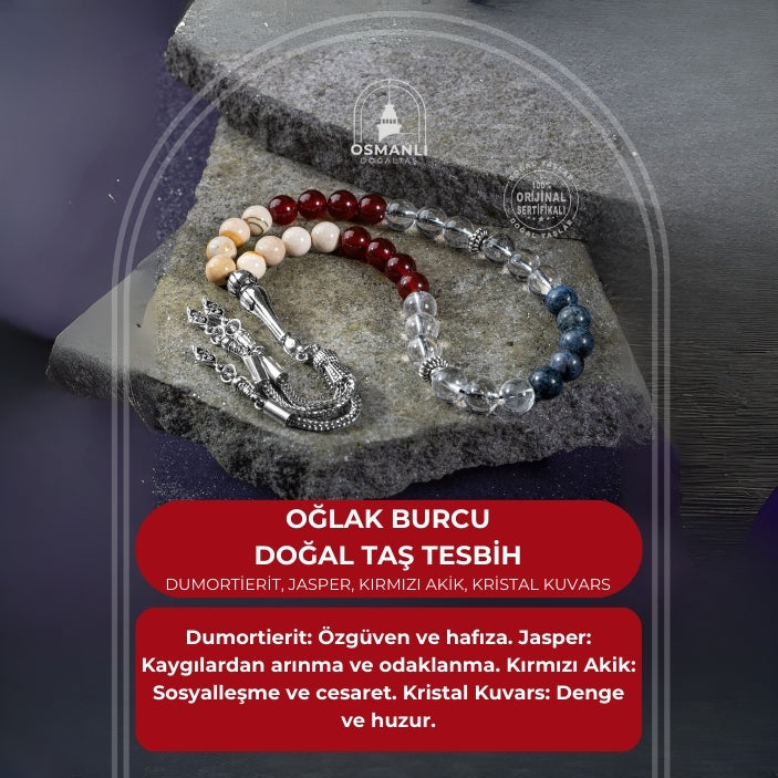 Oğlak Burcu Tesbih Dumortierit, Jasper, Kırmızı Akik, Kristal Kuvars