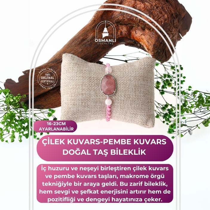 Çilek Kuvars-Pembe Kuvars Doğal Taş Makrome Örgü Bileklik