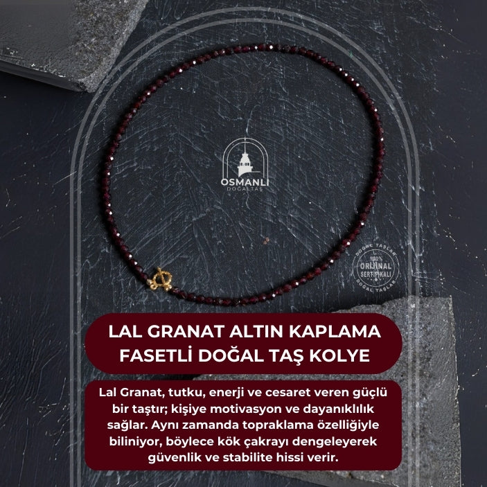 Sertifikalı Lal Granat Altın Kaplama Fasetli  Doğal Taş Kolye
