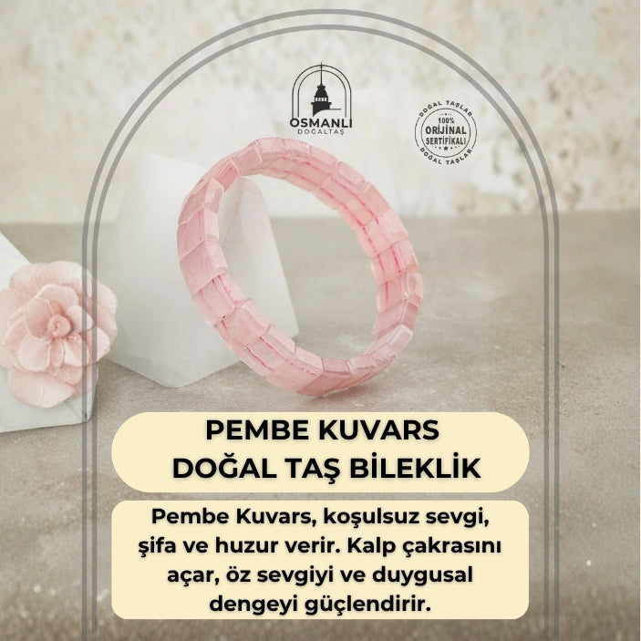 Pembe Kuvars (Gül Kuvars) Doğal Taş Kare Kesim Geniş Kesim Bileklik