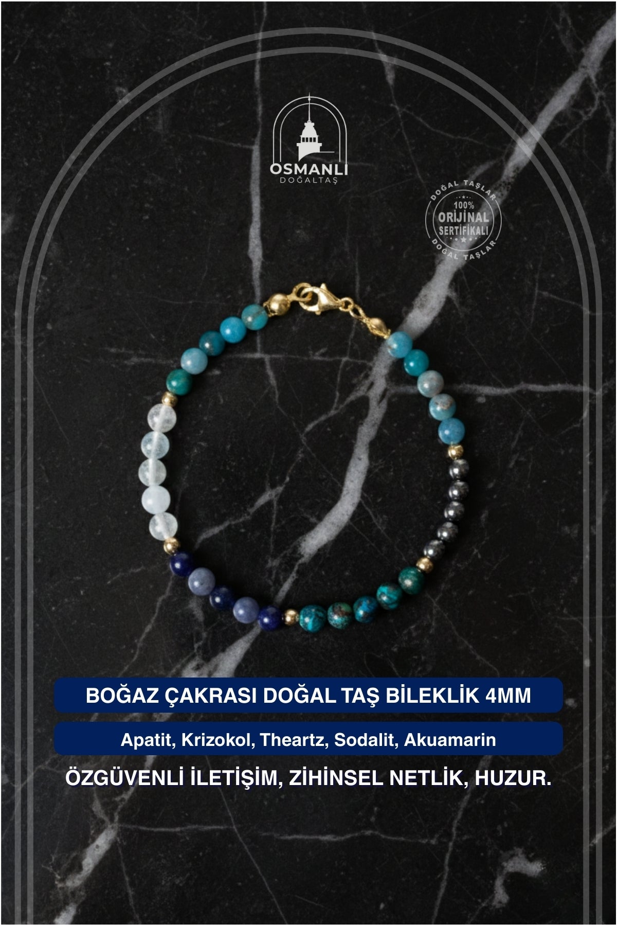 Sertifikalı Boğaz Çakrası Doğal Taş Bileklik