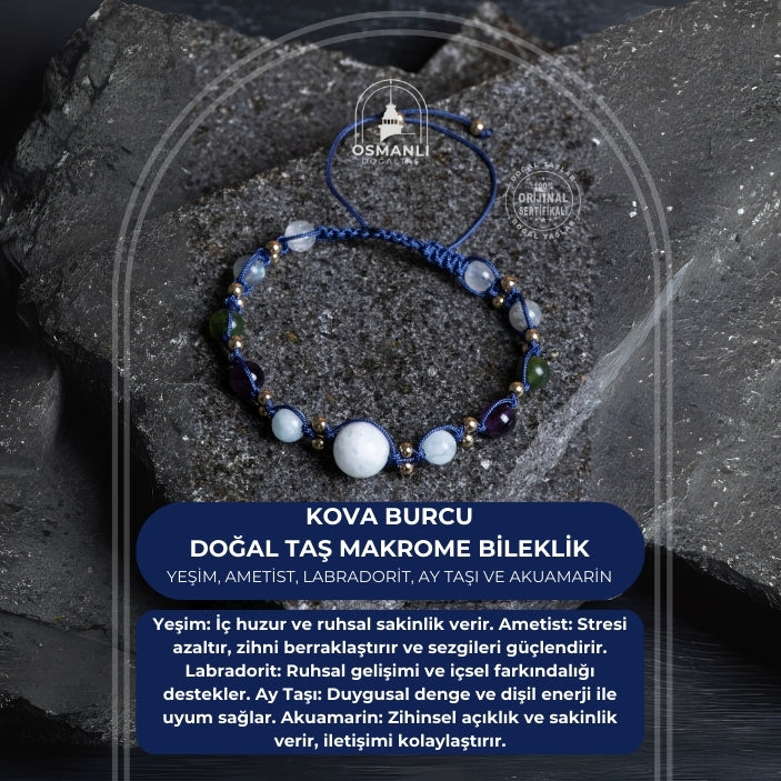 Sertifikalı Kova Burcu Doğal Taş Makrome Bileklik