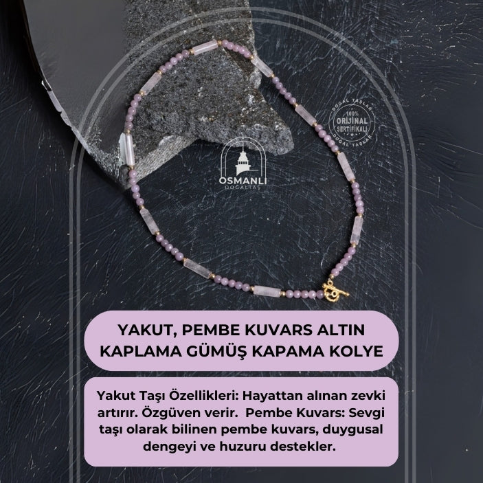 Sertifikalı Yakut, Pembe Kuvars Altın Kaplama Gümüş Kapama Kolye