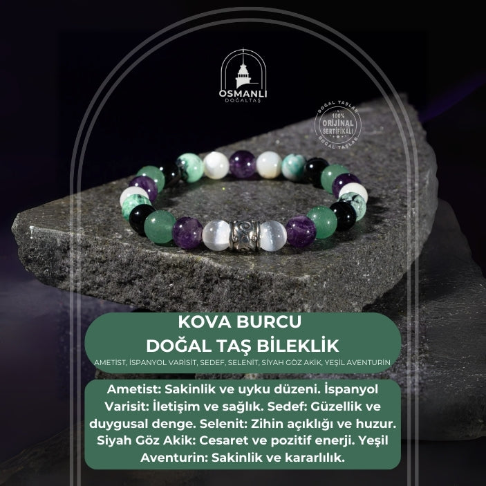 Kova Burcu Bileklik Ametist, İspanyol Varisit, Sedef, Selenit, Siyah Göz Akik, Yeşil Aventurin