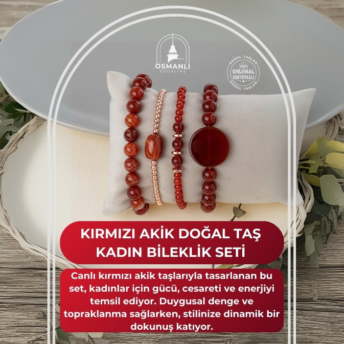 Kırmızı Akik Doğal Taş Kadın Bileklik Seti