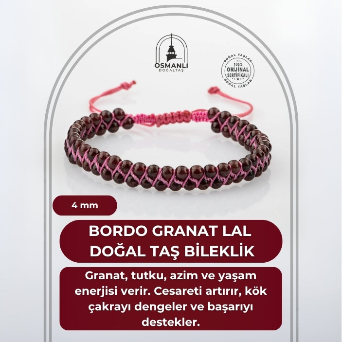 Bordo Granat Lal 4mm Çift Sıra Doğal Taş Bileklik