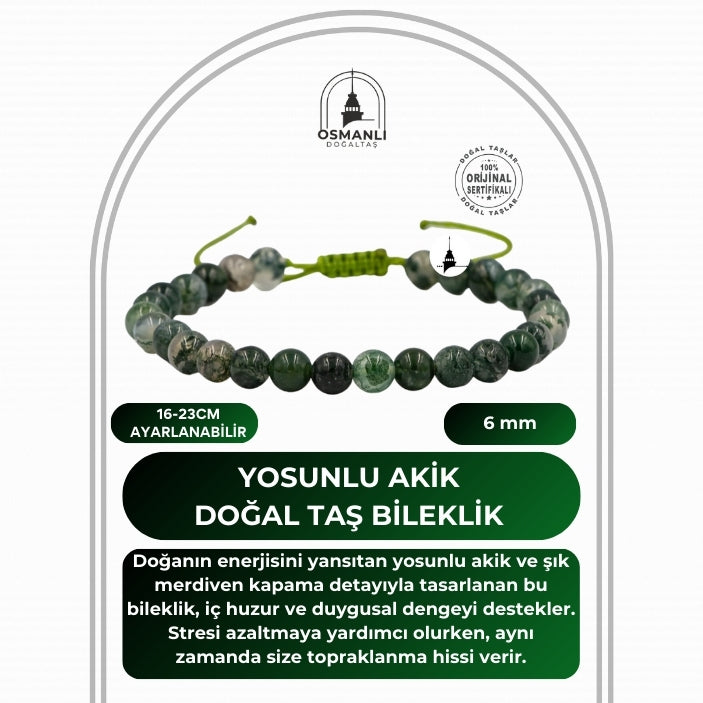 Yosunlu Akik 6mm Merdiven Kapama Doğal Taş Bileklik