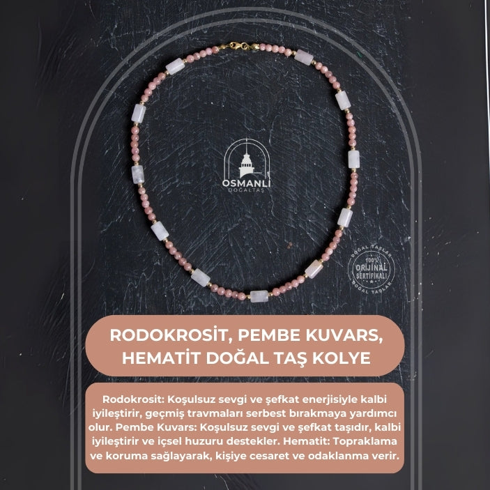 Sertifikalı Rodokrozit, Pembe Kuvars, Hematit Doğal Taş Kolye