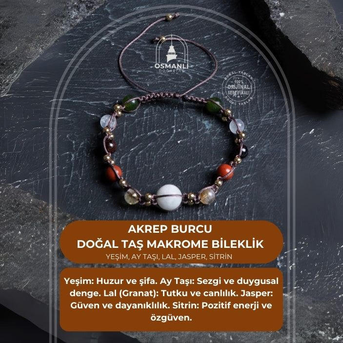 Sertifikalı Doğal Taş Makrome Bileklik-Akrep Burcu
