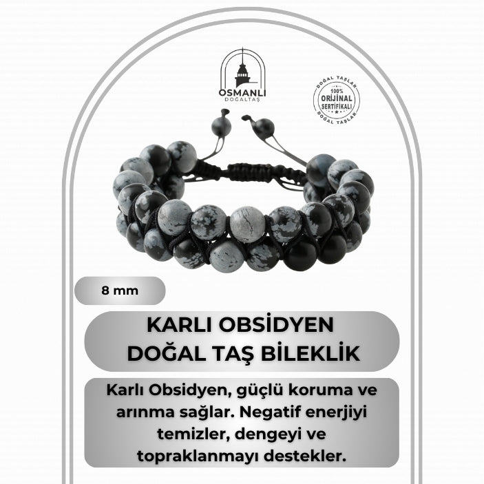 Karlı Obsidyen 8mm Çift Sıra Makrome Doğal Taş Bileklik