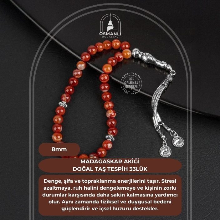 Madagaskar Akiği Doğal Taş Tesbih 33lük - 8mm