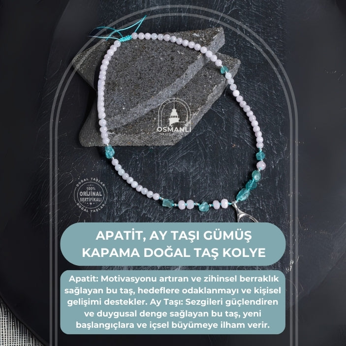 Sertifikalı Apatit, Ay Taşı Gümüş Kapama Doğal Taş Kolye
