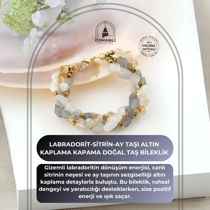 Labradorit-Sitrin-Ay Taşı Altın Kaplama Kapama Doğal Taş Bileklik