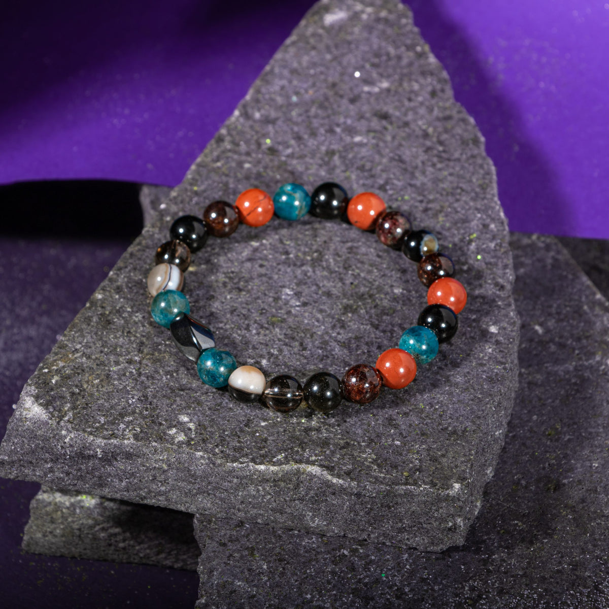 Başak Burcu Bileklik Bordo Granat Lal, Dumanlı Kuvars, Golden Obsidyen, Jasper, Mavi Apatit, Siyah Göz Akik