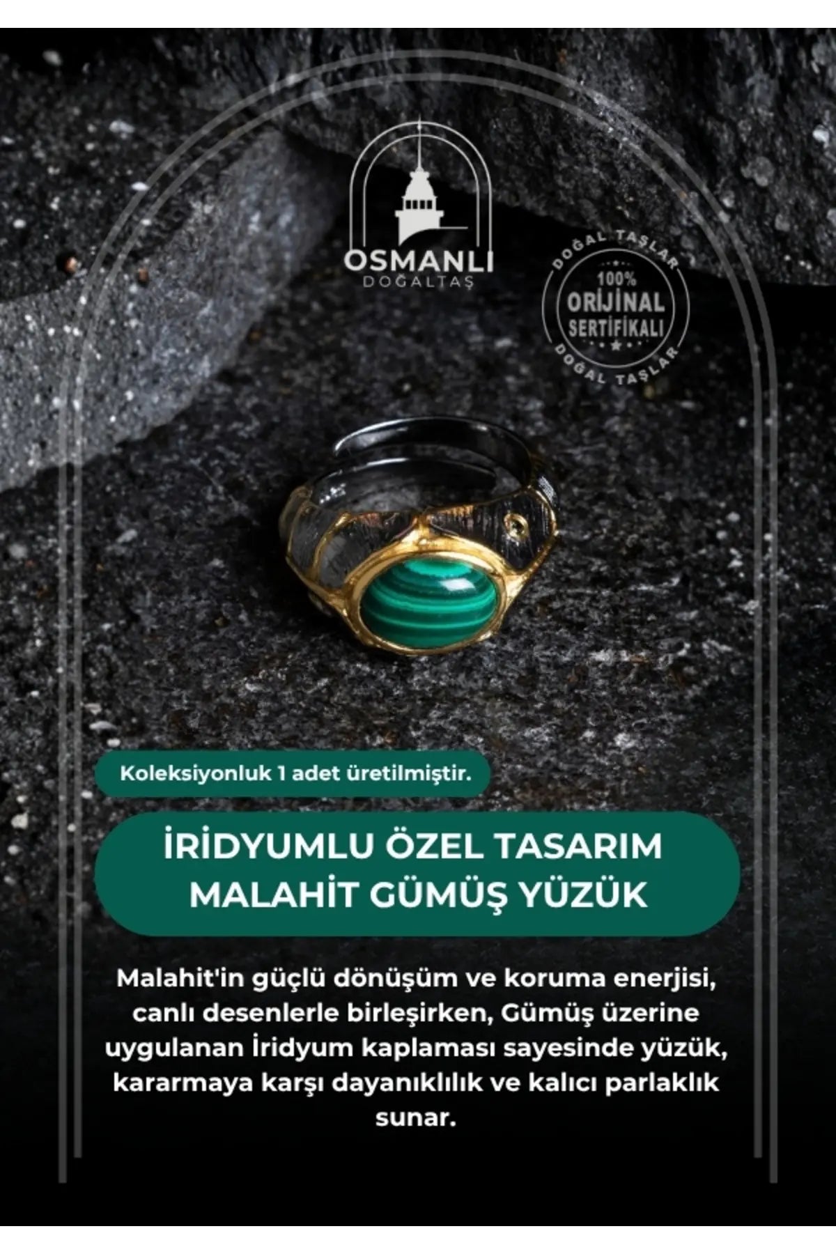 Sertifikalı İridyumlu Malahit Gümüş Özel Tasarım Yüzük (Kadın)
