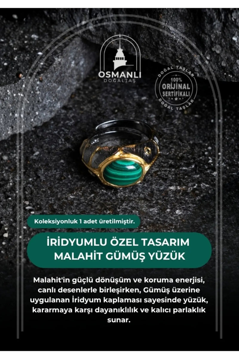 Sertifikalı İridyumlu Malahit Gümüş Özel Tasarım Yüzük (Kadın)