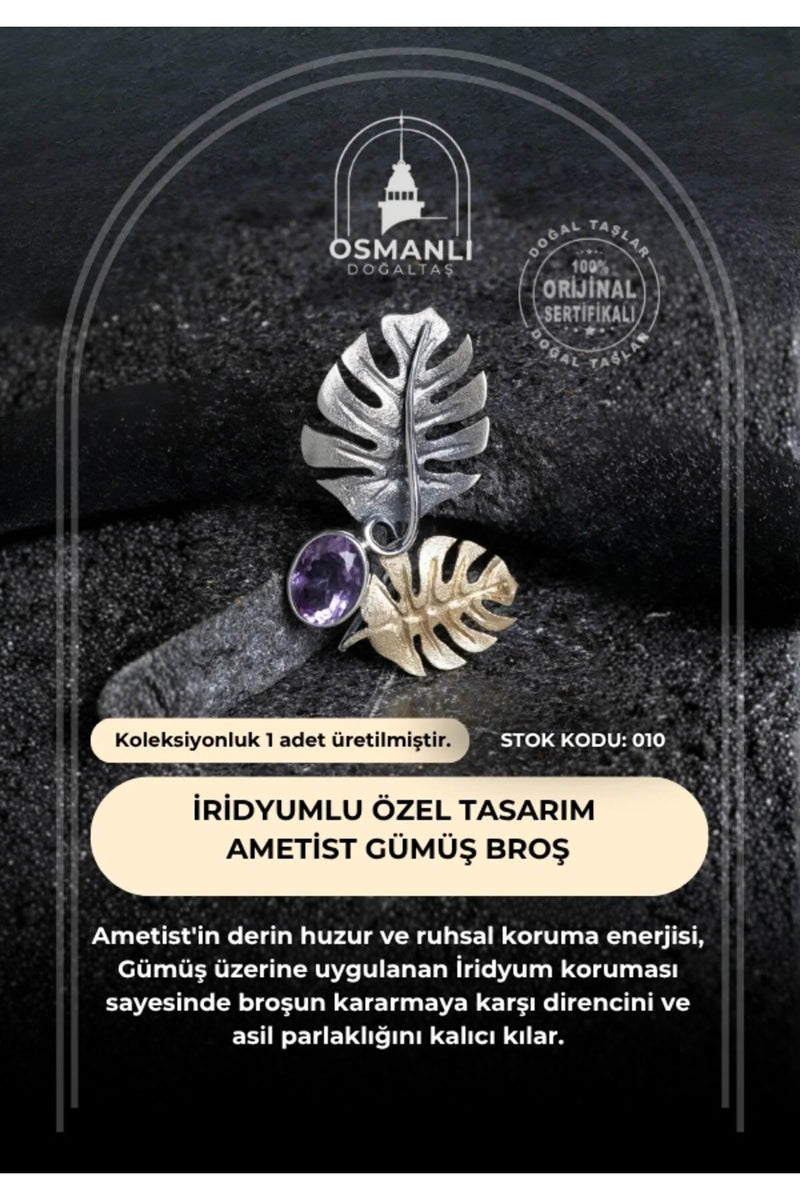 Sertifikalı İridyumlu Ametist Özel Tasarım Gümüş Broş (SK:010)