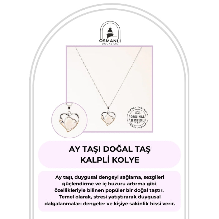 Ay Taşı Doğal Taş Kalpli Kolye, Gümüş Zincir