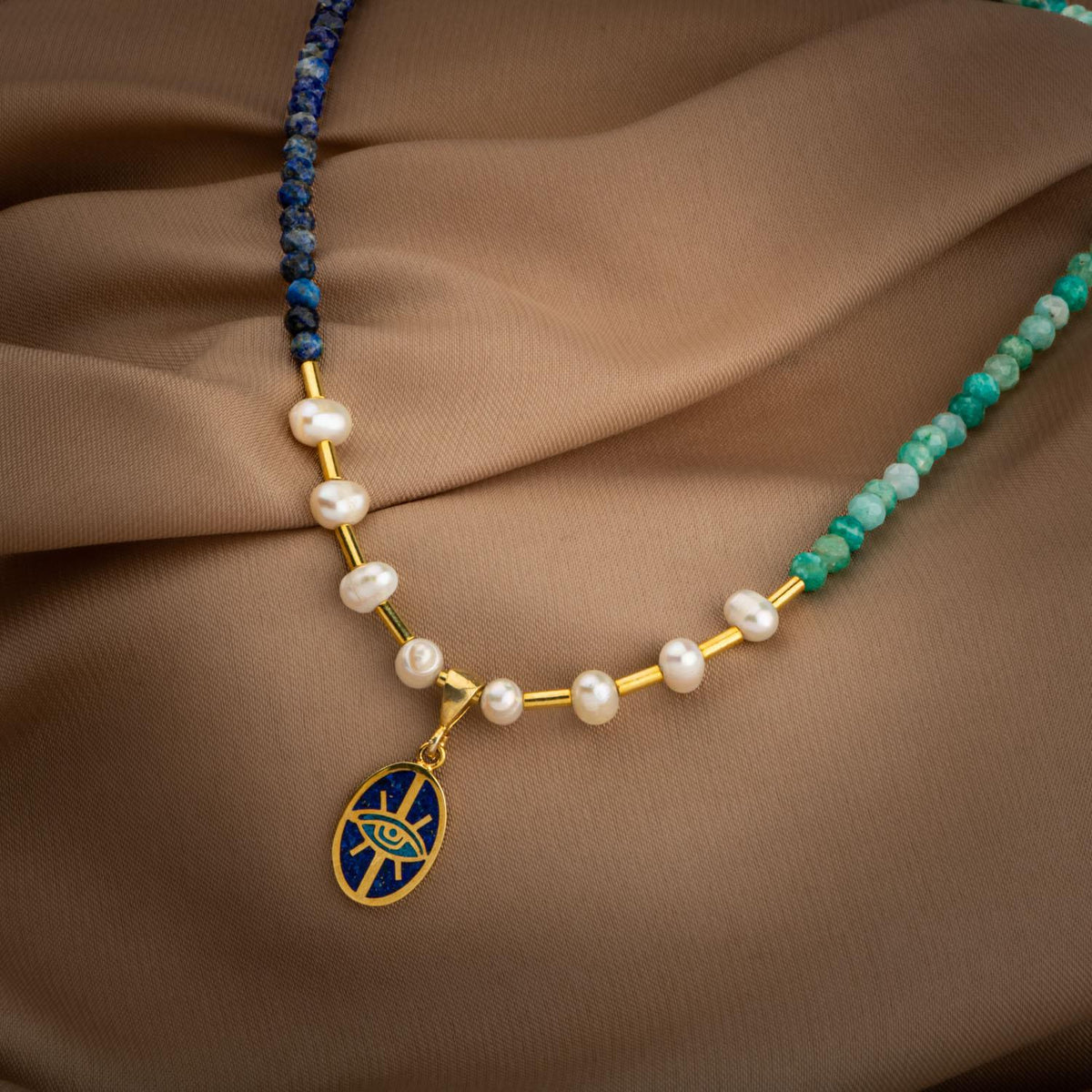 Mozaik Lapis Lazuli Taşlı-Amazonit-İnci Doğal Taş Gümüş Tasarım Kolye - 54cm