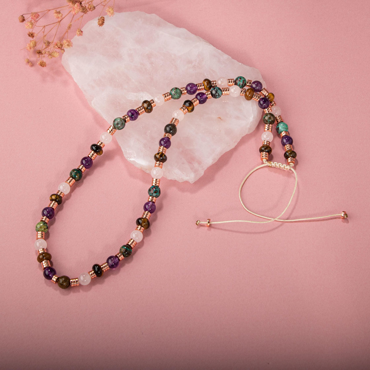 Hematit-Pembe Kuvars-Krizokol-Ametist-Kaplan Gözü Doğal Taş Kolye