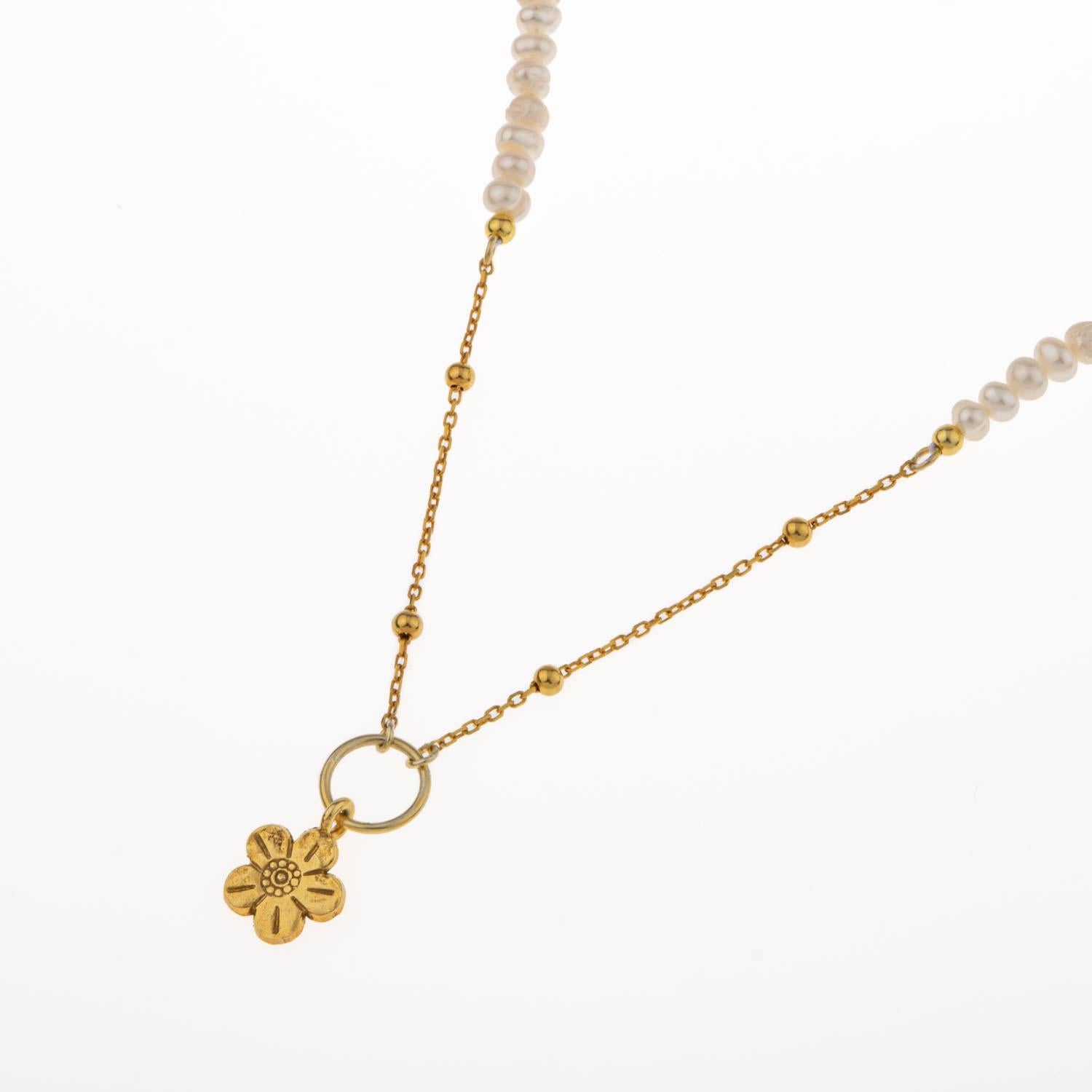 İnci Doğal Taş Gümüş Çiçekli Kolye