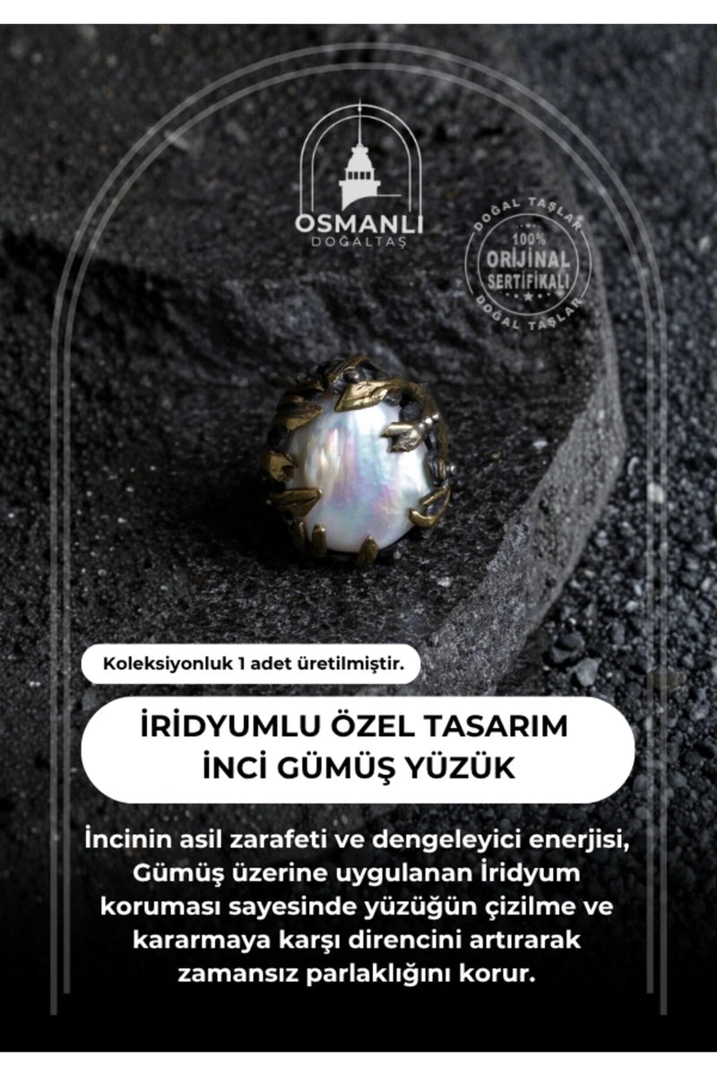 Sertifikalı Özel Tasarım İridyumlu İnci Gümüş Yüzük (Kadın)