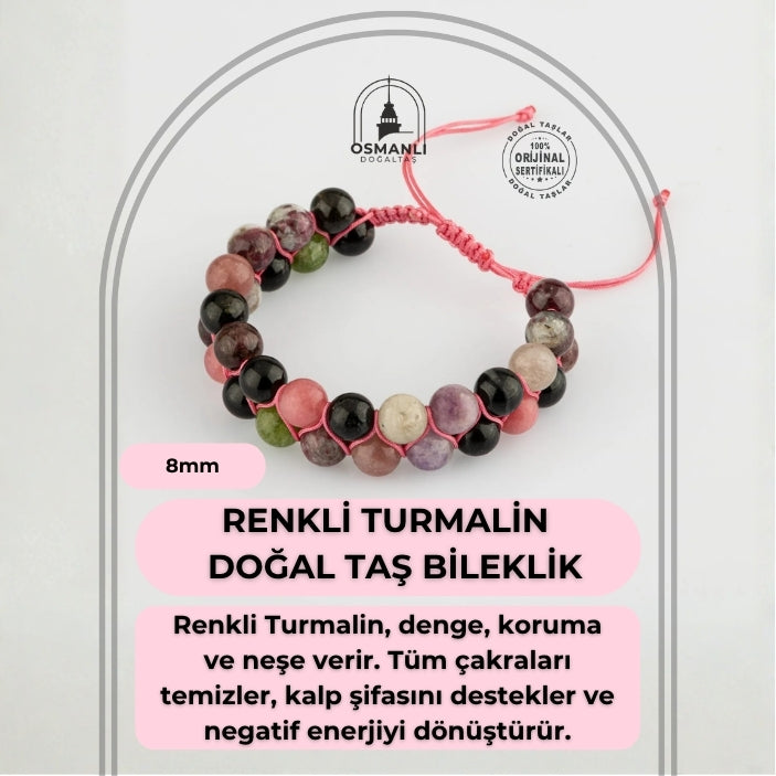 Renkli Turmalin 8mm Çift Sıra Makrome Doğal Taş Bileklik