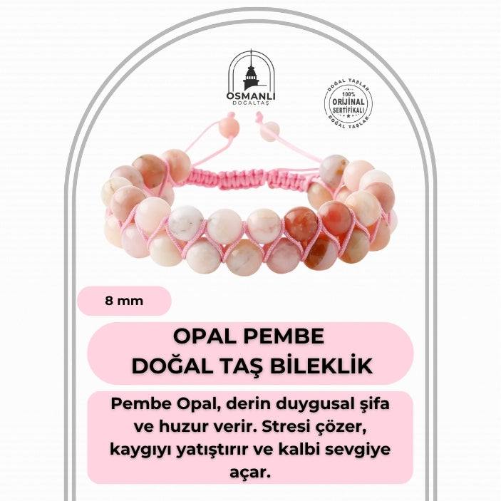 Opal Pembe 8mm Çift Sıra Makrome Doğal Taş Bileklik